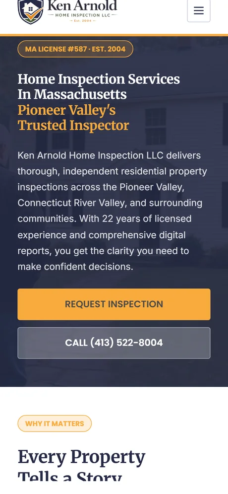 Ken Arnold Home Inspection homepage — mobile view