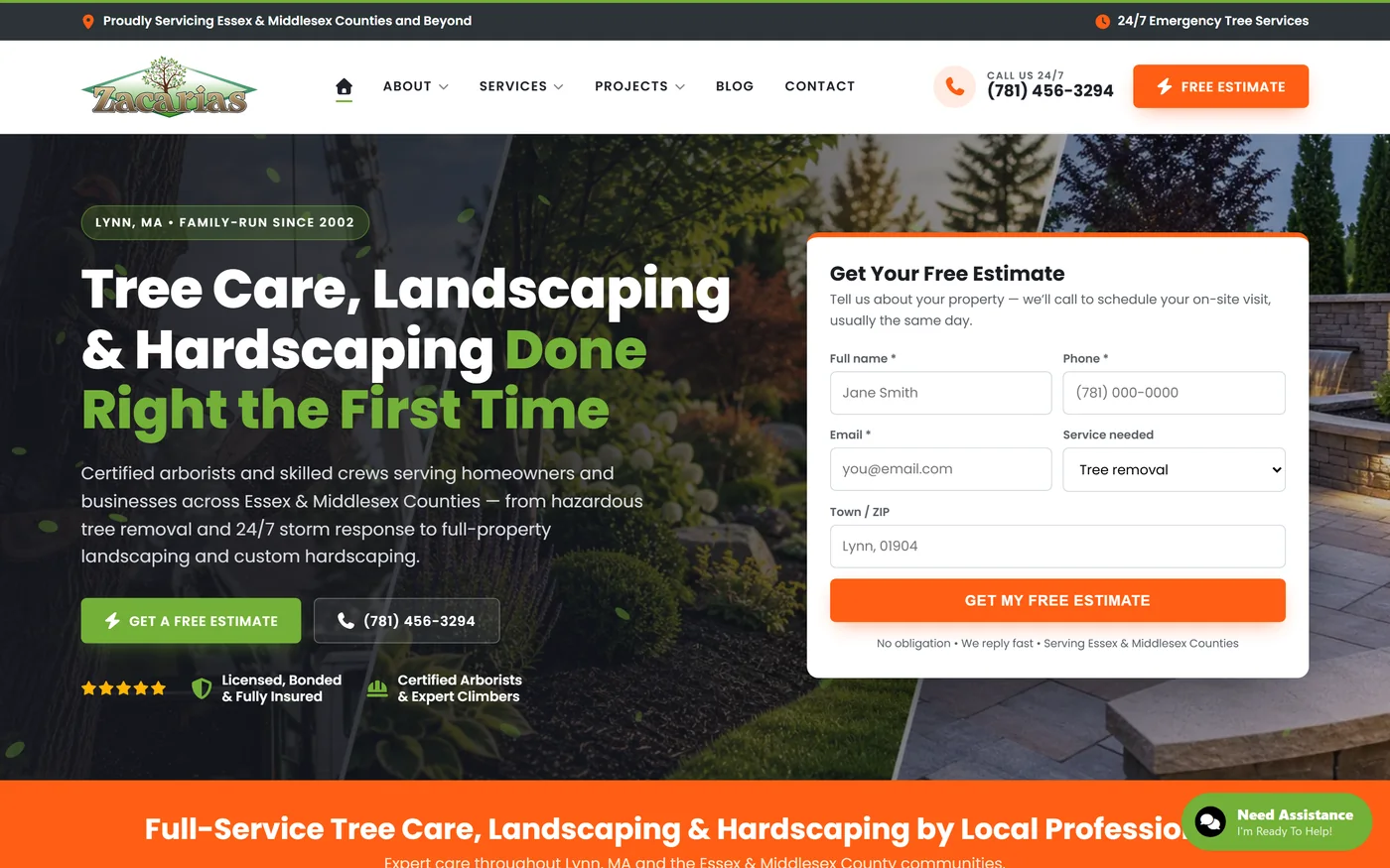 Zacarias Tree & Landscaping website homepage