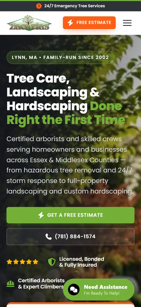 Zacarias Tree & Landscaping homepage — mobile view